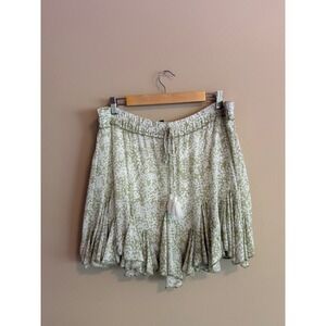 Sage‎ Green Floral Ruffle Mini Skirt Tassel Drawstring Boho Medium